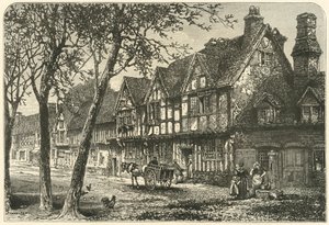 Casas antiguas bajo el castillo de Warwick, 1898