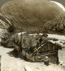 Viejas casas de troncos en Bratslandsdal, con árboles creciendo en techos cubiertos de césped, Noruega, c1905
