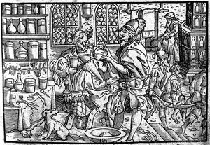 Operación en la cabeza de un hombre. De: Die große Wundarzney por Theophrastus Bombastus von Hohenheim, 1562 de Unbekannt