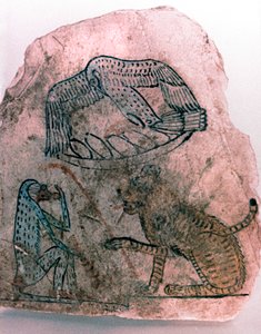 Fragmento de Ostracon, Guepardo, Pájaro y Mono, Egipto