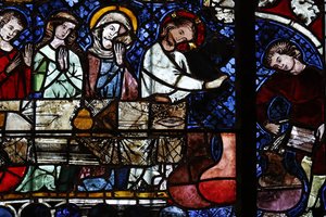 Nuestra Señora de la Catedral de Estrasburgo. Vidriera. La transformación del agua en vino en las bodas de Caná. Siglo XIV. Estrasburgo. Francia. de Unbekannt