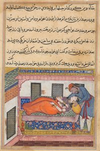 Página de Cuentos de un Loro Tuti-nama: Cuadragésima noche: El esposo de Shahr-Arai..., c. 1560 de Unbekannt