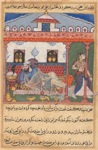 Página de Cuentos de un loro Tuti-nama: Cuarenta y tres noches: La serpiente, escondida en una cesta..., c. 156