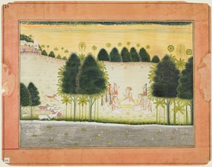 Página de un Bhagavata Purana: Nanda y los ancianos en consejo con los gopas, c. 1690-1700 de Unbekannt