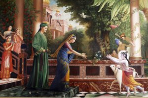 Pintura en Bhaktivedanta Manor que representa al joven Krishna corriendo hacia Madre Yasoda y Nanda Maharaj (sus padres adoptivos) Watford, Gran Bretaña