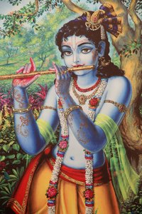 Pintura que representa al dios hindú Krishna tocando una flauta al aire libre, India de Unbekannt
