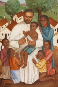 Pintura que representa a un misionero cristiano en Haití, Puerto Príncipe