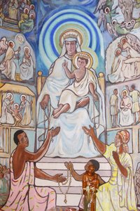 Pintura en la catedral de Lomé: Virgen y niño, Lomé, Togo