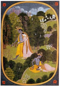 Pintura de Radha y Khrishna en un bosque