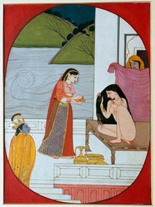 Pintura del dios Khrishna observando a Radha en su baño, siglo XIX de Unbekannt