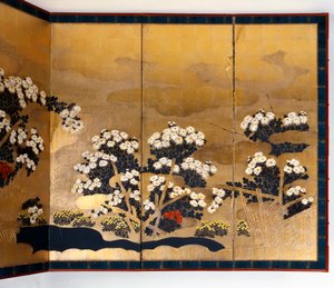 Par de biombos con 6 paneles con fondo dorado, período Edo, japonés, 1600-1867 de Unbekannt