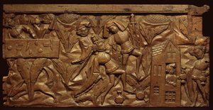 Panel que representa una escena del Cuento del Vendedor de Indulgencias, medieval