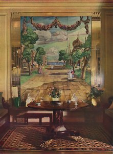 Panel que muestra el Brighton de la Regencia, flanqueado por pilastras de vidrio espejado, 1933