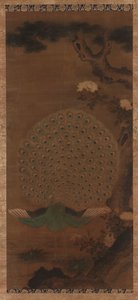 Pavo real, peonías y pino, período Edo, 1615-1868 de Unbekannt