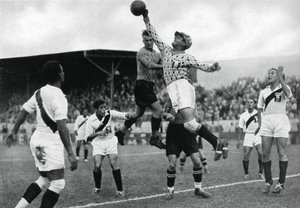 Equipo de fútbol olímpico de Perú en acción, Juegos Olímpicos de Berlín, 1936 de Unbekannt