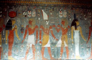 Faraón Horemheb con la diosa Isis y el dios Horus, Antiguo Egipto, siglo XIV a.C.