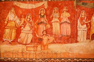 Faraón y la infancia de Moisés, fresco proveniente de la Sinagoga de Dura Europos, 244-245, y conservado en el Museo Nacional de Damasco. Foto tomada en el Museo Judío de Nueva York durante una exposición. de Unbekannt