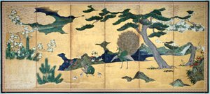 Pinos y pavos reales, período Edo japonés, principios del siglo XVII