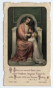 Imagen piadosa: Jesús da la hostia a un niño - Imagen dada para una primera comunión en 1931