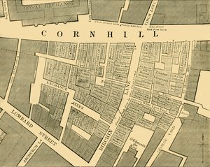 Plano que muestra la extensión del gran incendio en Cornhill en 1748, c1872 de Unbekannt