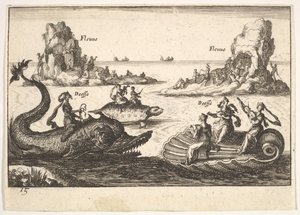 Placa 15: Ríos y diosas, con islas flotantes guiadas por portadores de postes, figura femenina..., 1664 de Unbekannt