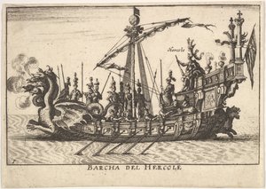 Placa 1: Barco de Hércules Barcha del Hercole, con proa en forma de dragón y Hércules, 1664