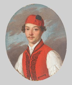 Retrato de joven con chaleco rojo y gorra dálmata de Unbekannt