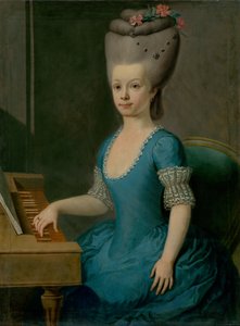 Retrato de una niña en azul en el cembalo