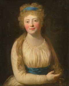 Retrato de una Mujer con Ropa Clara y Cinta Azul en el Cabello de Unbekannt