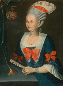 Retrato de una mujer con peluca y abanico