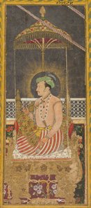 Retrato póstumo del emperador Jahangir bajo un dosel recto, caligrafía verso, c. 1650 de Unbekannt