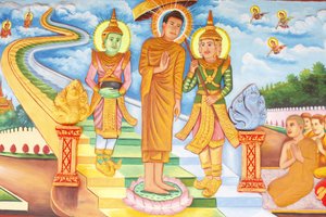 Monasterio Preah Prom Rath: Vida de Buda: Buda visitando el cielo y reuniéndose con los dioses Indra y Brahma de Unbekannt