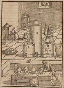 Preparación de líquidos utilizados para extraer el mineral de plata del de oro - Grabado extraído de Descripción de los minerales y los principales métodos de explotación minera, de Lazarus Ecker de Unbekannt