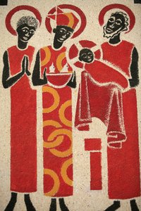 Presentación de Jesús en el templo, fresco de la iglesia de la abadía de Keur Moussa, diseñado y pintado en 1963 por Dom Georges Saget, Keur Moussa, Senegal