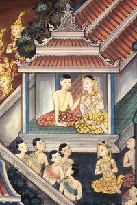 Príncipe Rama y Sita. Detalle de mural en las paredes interiores del Vihara de la era del rey Rama III que representa el Ramakian. Wat Pho - Wat Phra Chettuphon. 1788. Bangkok. Tailandia