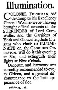 Proclamación de iluminaciones conmemorando la rendición del General Cornwallis, 1781 de Unbekannt