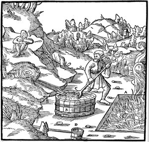 Producción de sal evaporando salmuera natural vertiéndola en un pozo de carbón ardiente, 1556 de Unbekannt