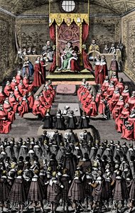 La Reina Isabel I en el Parlamento, siglo XVI, c1902-1905 de Unbekannt