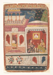 Radha y su confidente sentadas en una habitación abierta: Página de un Rasikapriya disperso, ca. 1680-90 de Unbekannt