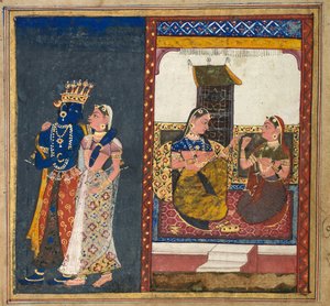 Radha y Krishna abrazándose, hoja de un Gita Govinda, c. 1650 de Unbekannt