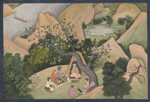 Rama, Sita y Lakshmana en el Hermitage de Bharadvaja: Folio ilustrado de... de Unbekannt