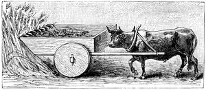 Reconstrucción de la máquina de segar utilizada en la Galia en tiempos de la Antigua Roma, según lo descrito por Plinio, c1890