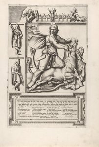 Relieve con Mitra arrodillado sobre un toro y clavando una espada en su hombro, a la izquierda tw..., 1564