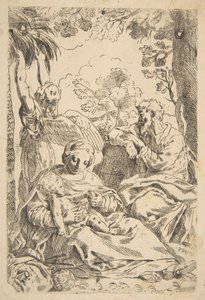 Reposo en Egipto, Sagrada Familia sentada mientras un ángel tira de las ramas de un árbol, ca. 1637-1639 o después