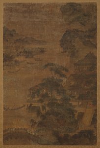 Paisaje fluvial: montañas, pinos y edificios, dinastía Ming, 1368-1644