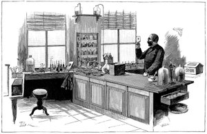 Robert Koch, bacteriólogo y médico alemán en su laboratorio de Unbekannt
