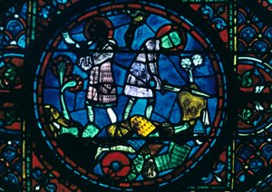 Roland rompe su espada y suena su cuerno, vidriera, Catedral de Chartres, Francia, 1194-1260