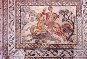 Mosaico romano de jinete cazando un leopardo, Mérida, España, siglo II-III