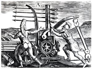 Soldados romanos usando una máquina de guerra disparando múltiples flechas, 1605