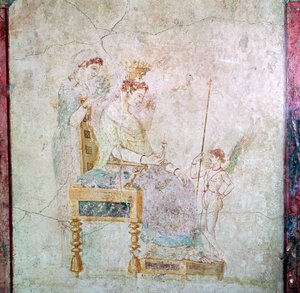 Pintura mural romana de Afrodita, Eros y una de las Gracias, siglo I